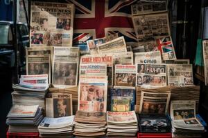 británico periódicos en monitor en un tienda ventana, periódicos en un mercado puesto en Londres, Inglaterra, Reino Unido, ai generado foto