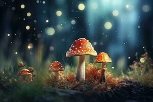 Mushrooms in the forest on a dark background. 3d rendering, Mushrooms in the forest with bokeh background. 3d rendering, AI Generated photo