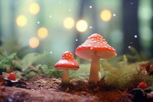 Mushroom in the forest with bokeh lights background, Mushrooms in the forest with bokeh background. 3d rendering, AI Generated photo