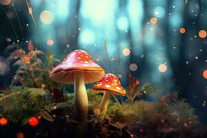 Two fly agaric mushrooms in the forest at night. 3d rendering, Mushrooms in the forest with bokeh background. 3d rendering, AI Generated photo