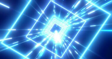 Abstract blue energy futuristic hi-tech square tunnel of flying lines neon magic glowing background photo