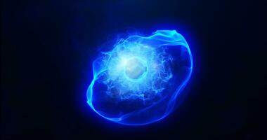 azul energía esfera con brillante brillante partículas, átomo con electrones y eléctrico magia campo científico futurista de alta tecnología resumen antecedentes foto