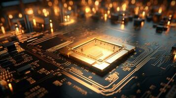 High-tech Computer chip close up shot, production of electronic, circuit board, futuristic design, extreme detail, AI Generative photo