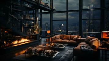 Interior Design modern Living room, windows show stunning view of the city skyline, Empty room apartment, AI Generative photo