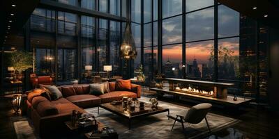 Interior Design modern Living room, windows show stunning view of the city skyline, Empty room apartment, AI Generative photo