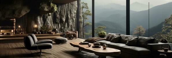Interior Design, Living room with serene nature view, Beautiful mansion design in the forest, AI Generative photo