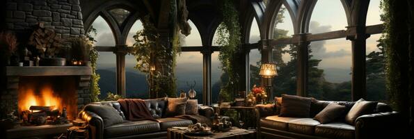 Interior Design, Beautiful Living room Gothic Style, Luxury Mansion, Elegant tall window, AI Generative photo