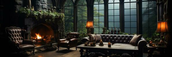 Interior Design, Beautiful Living room Gothic Style, Luxury Mansion, Elegant tall window, AI Generative photo