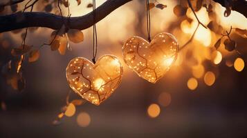 Sparkle Glowing Heart reflected lights, orange and gold, captivating visual, Romantic scenery, dreamy, copy space, greeting card, AI Generative photo