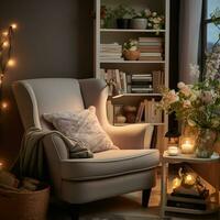 Cozy reading nook plush armchair, bookshelf filled with books of all genres, reading time, elegant interior design, AI Generative photo