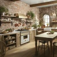 Rustic farmhouse kitchen, stylish spacious cooking area, interior design, AI Generative photo