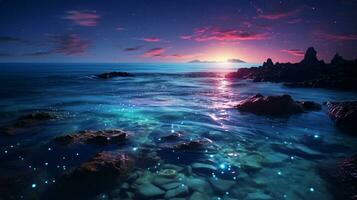 Fantasy seascape, Night view of the ocean, glowing sea, Beautifully starry night sky, dreamy atmosphere, AI Generative photo