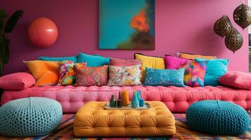 Furnished Modern Living room, bright blue and pink color palette, interior design, AI Generative photo