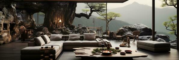 Interior Design, Living room with serene nature view, Beautiful mansion design in the forest, AI Generative photo