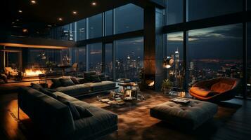 Interior Design modern Living room, windows show stunning view of the city skyline, Empty room apartment, AI Generative photo