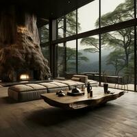 Interior Design, Living room with serene nature view, Beautiful mansion design in the forest, AI Generative photo