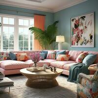 Furnished Modern Living room, bright blue and pink color palette, interior design, AI Generative photo