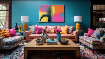 Furnished Modern Living room, bright blue and pink color palette, interior design, AI Generative photo