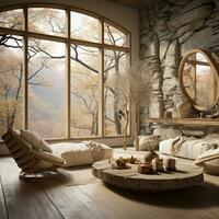 Interior Design, Minimalistic Living room with serene nature view, Beautiful villa design in the forest, AI Generative photo