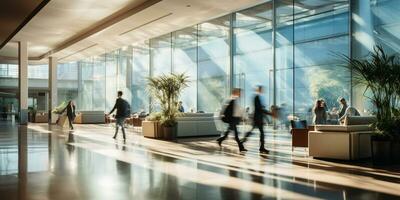 Business People walking in modern futuristic lobby, Blurred motion, AI Generative photo