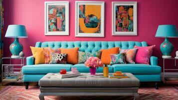 Furnished Modern Living room, bright blue and pink color palette, interior design, AI Generative photo