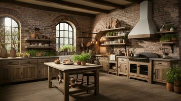 Rustic farmhouse kitchen, stylish spacious cooking area, interior design, AI Generative photo