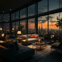 Interior Design modern Living room, windows show stunning view of the city skyline, Empty room apartment, AI Generative photo