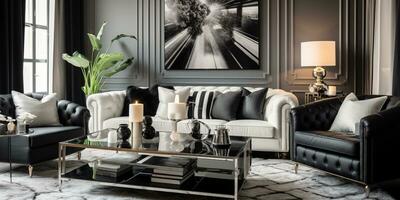 Luxurious furnished Living room, spacious cozy sofa, black and white monochrome palette, elegant interior design, AI Generative photo