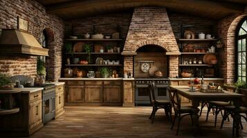 Rustic farmhouse kitchen, stylish spacious cooking area, interior design, AI Generative photo