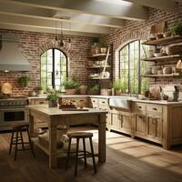 Rustic farmhouse kitchen, stylish spacious cooking area, interior design, AI Generative photo