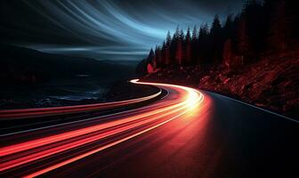 vistoso coche ligero caminos, largo exposición foto a noche, ai generativo