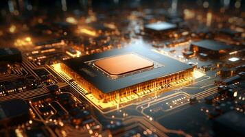 High-tech Computer chip close up shot, production of electronic, circuit board, futuristic design, extreme detail, AI Generative photo