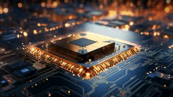 High-tech Computer chip close up shot, production of electronic, circuit board, futuristic design, extreme detail, AI Generative photo