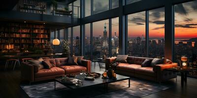 Interior Design modern Living room, windows show stunning view of the city skyline, Empty room apartment, AI Generative photo