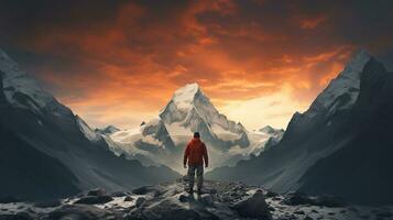 Mountain and Person Standing in the Middle. Freedom, Adventure, Loneliness, Self Awareness Concept photo