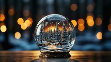 Christmas winter new year holiday glass ball with snow covered fir forest photo