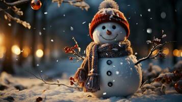 Christmas winter new year holiday snowman stands decorated on the snow at night photo