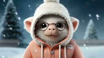 Cute sheep in a jacket and hood in the snowy winter for the Christmas and New Year holiday photo