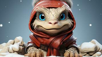 Cute dragon in a jacket and hood in snowy winter for Christmas and New Year holiday photo