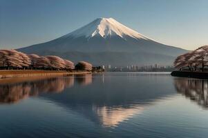 Mt Fuji and Cherry Blossom at Kawaguchiko lake in Japan photo