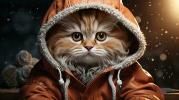 Cute cat in a jacket and hood in the snowy winter for Christmas and New Year photo