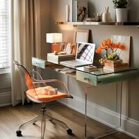 contemporáneo amueblado hogar oficina, cómodo oficina, espacio de trabajo con escritorio y silla, elegante interior diseño, ai generativo foto