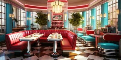 Retro vintage diner restaurant, interior design, stylish old fashioned design concept, AI Generative photo