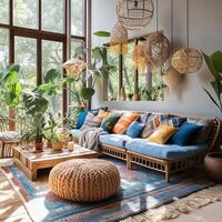 Furnished Modern Living room, bohemian inspired interior design, AI Generative photo