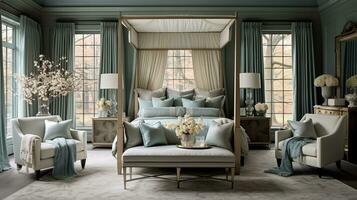 Luxurious furnished master bedroom suite, elegant interior design, modern house design concept, AI Generative photo