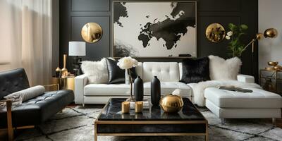 Luxurious furnished Living room, spacious cozy sofa, black and white monochrome palette, elegant interior design, AI Generative photo