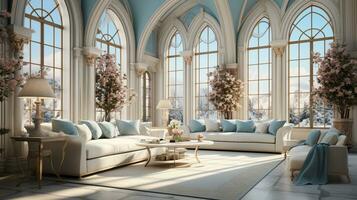 Interior Design Luxurious modern Living room, minimal tall window, Cozy sofa, serene nature scenery, Elegant villa, AI Generative photo