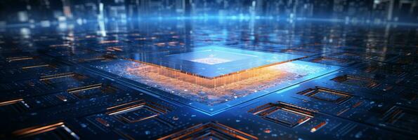High-tech Computer chip close up shot, production of electronic, circuit board, futuristic design, extreme detail, AI Generative photo