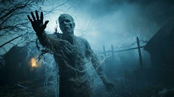 Ghost scenery Halloween background, Zombie Apocalypse, scary haunted cemetery, AI Generative photo