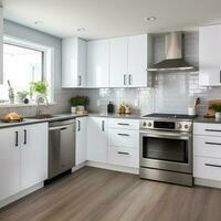 Sleek furnished kitchen, stylish Beautiful cooking area, interior design, AI Generative photo